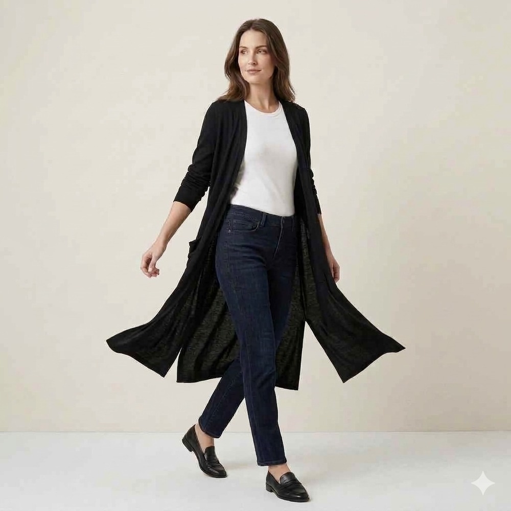 Brigitte Brianna Long Open Cardigan Womens Sz L Black Pockets Stretch